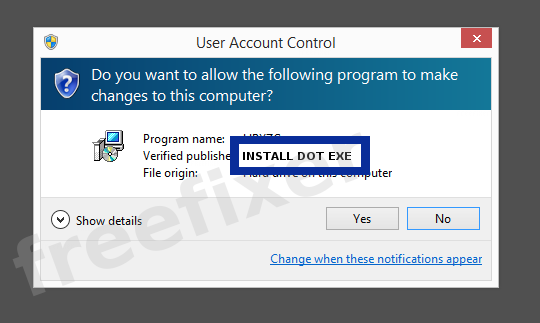 Screenshot where INSTALL DOT EXE appears as the verified publisher in the UAC dialog